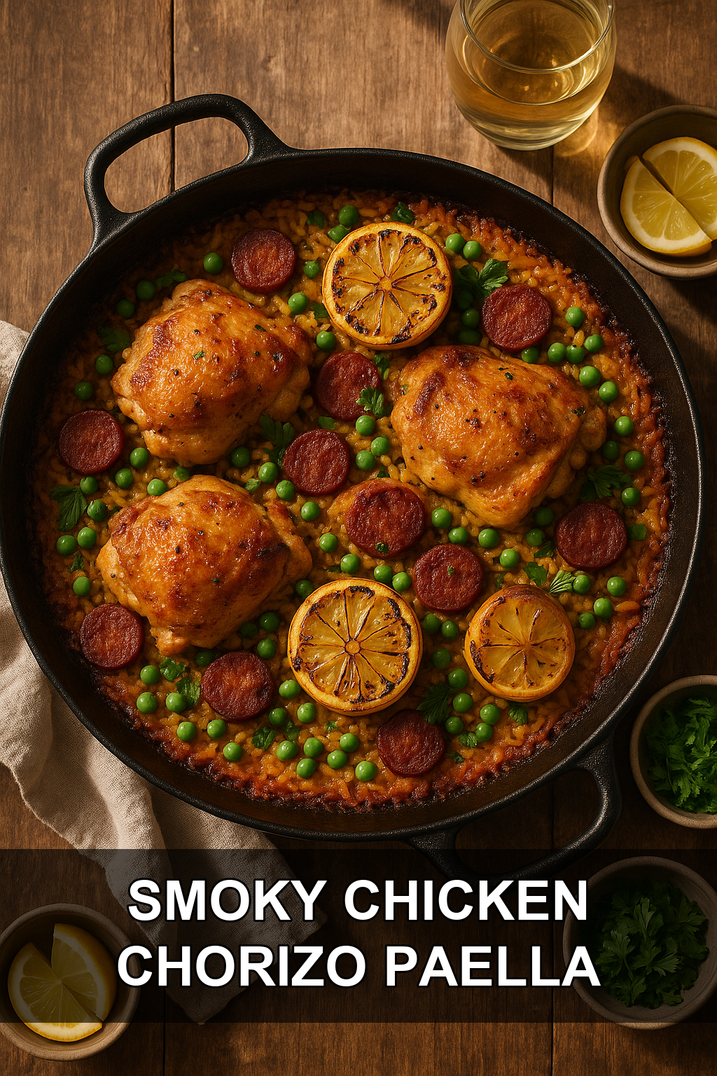 Smoky Chicken Chorizo Paella with Saffron Rice and Charred Lemon