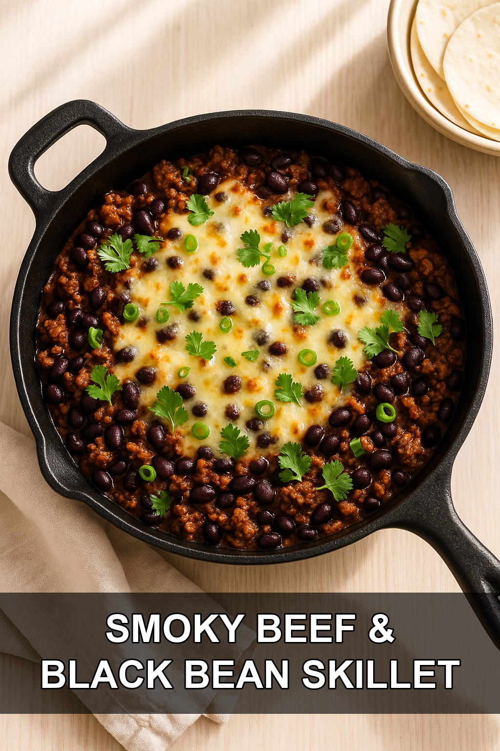 Smoky Ground Beef and Black Bean Skillet with Melted Pepper Jack