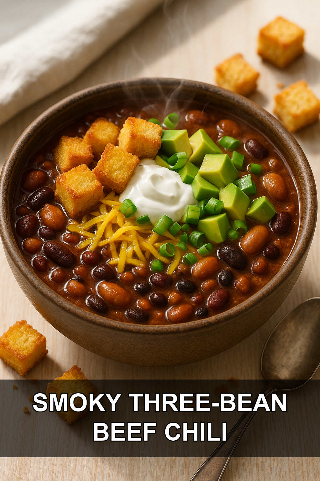 Smoky Three-Bean Beef Chili with Crispy Cornbread Croutons