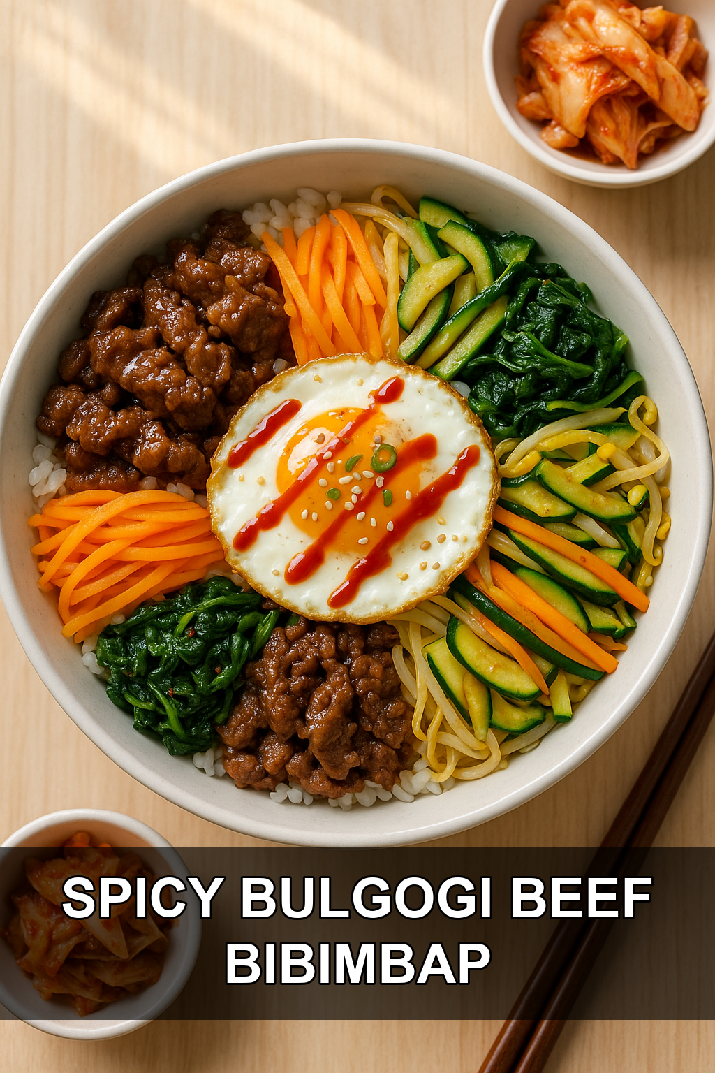 Spicy Bulgogi Beef Bibimbap with Crispy Fried Egg and Pickled Radish