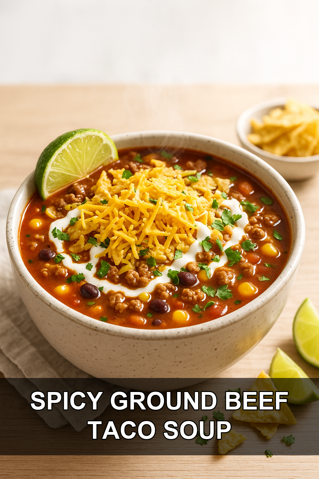 Spicy Ground Beef Taco Soup with Crushed Tortilla Chips and Lime Crema