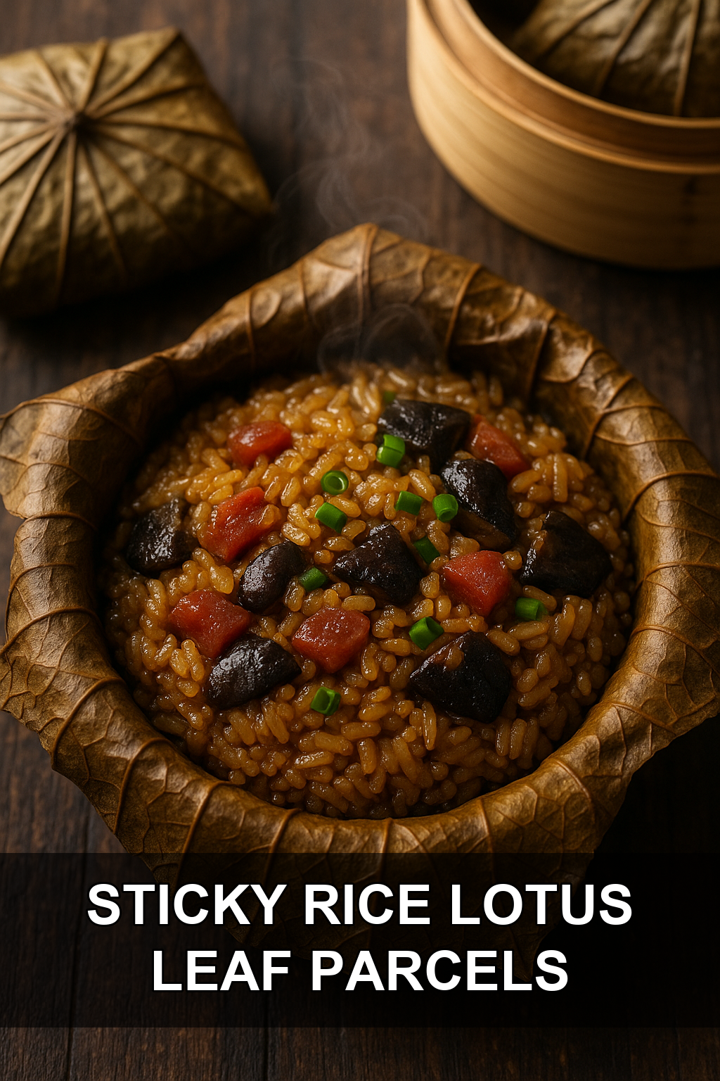 Sweet Sticky Rice Stuffed Lotus Leaves with Chinese Sausage and Shiitake