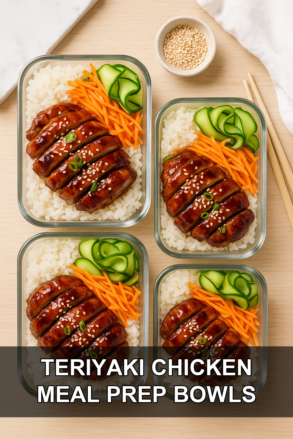 Make-Ahead Teriyaki Chicken Meal Prep Bowls with Pickled Cucumbers and Sesame Seeds