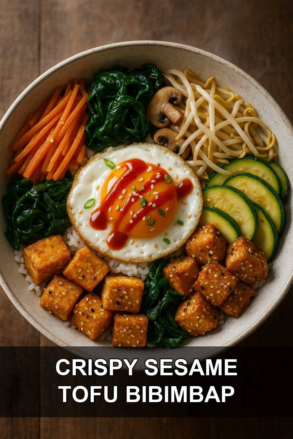 Vegetable Bibimbap with Crispy Sesame Tofu and Gochujang Sauce