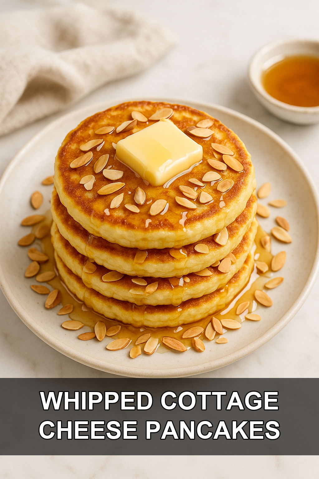 Whipped Cottage Cheese Pancakes with Toasted Almond Honey Drizzle