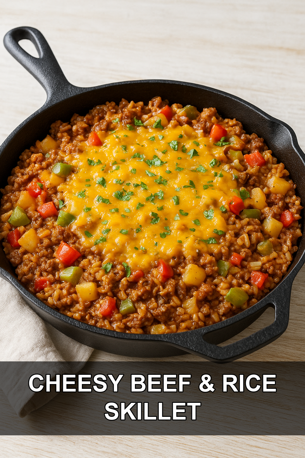 One-Pot Cheesy Beef, Peppers & Rice Skillet